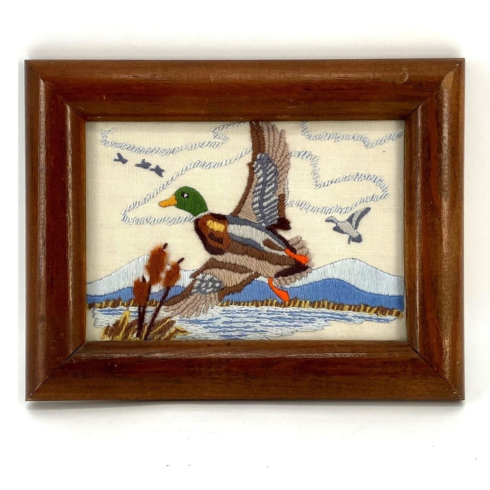 Vintage 80s Hand Stitched Mallard Duck Flying Over Lake Framed Embroidery Art